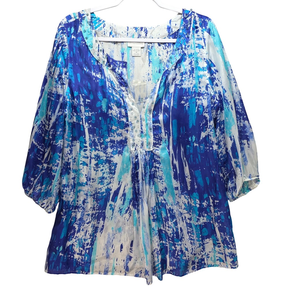 Soft Surroundings Abstract All Silk Beaded Tunic Blouse Womens M Sheer Blue New - Picture 1 of 13